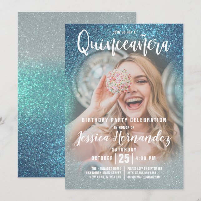 Invitation Cerulean Blue Triple Parties scintillant Photo Qui (Devant / Derrière)