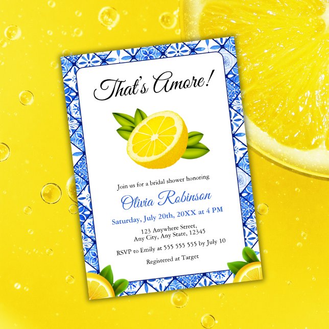 Invitation C'est Amore | Fête des mariées de citron méditerra (That's Amore | Mediterranean Blue Tile Lemon Bridal Shower Invitation )