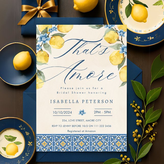 Invitation C'est Amore Italie Carreaux bleus Fête des mariées (That's Amore Italy Blue Tiles Floral Bridal Shower Invitation)
