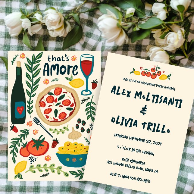 Invitation C'est Amore Italien Fiançailles de nourriture douc (That's Amore Italian Food Engagement Wedding Shower CUSTOM Invitation Couples Pizza Wine
)