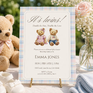 Invitation C'est des jumeaux ! Baby Shower Ourson à carreaux