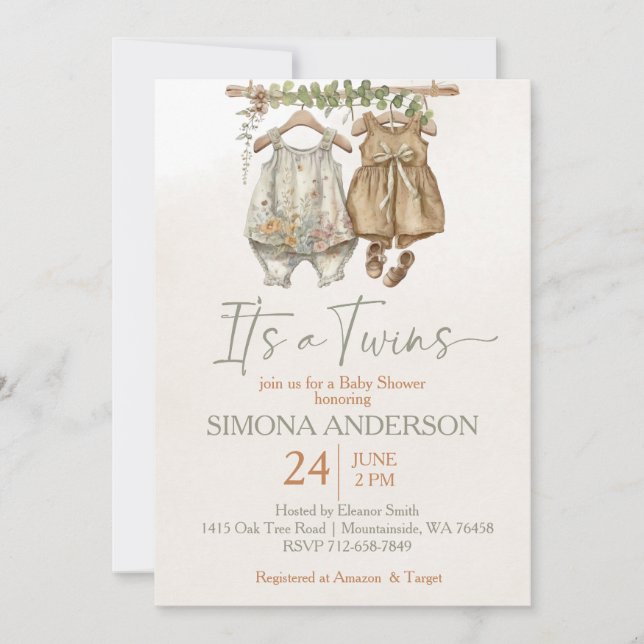 Invitation C'est jumeaux boho vêtements nursery baby shower (Devant)