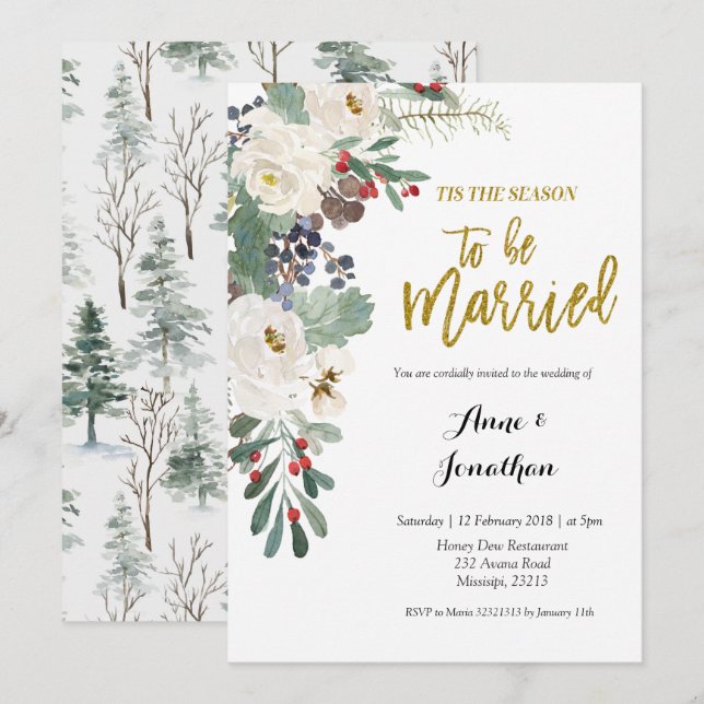 Invitation C'est la saison d'être marié Noël Floral (Devant / Derrière)