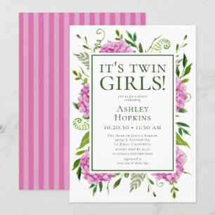 Invitation C'est le Baby shower Twin Girls Pink Hydrangeas