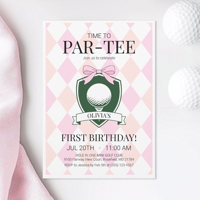 Invitation C'est l'heure de faire la fête du premier annivers (Time to Par-Tee Pink Golf First Birthday Party Invitation)