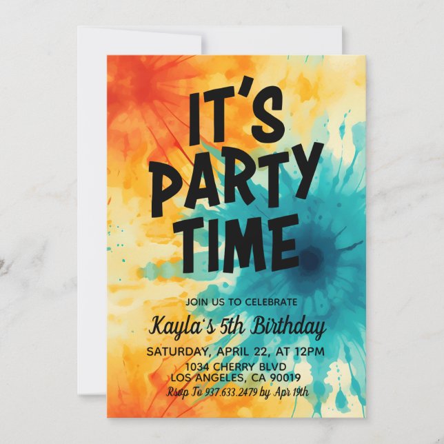 Invitation C'est l'heure de la fête Super Tie Dye Anniversair (Devant)