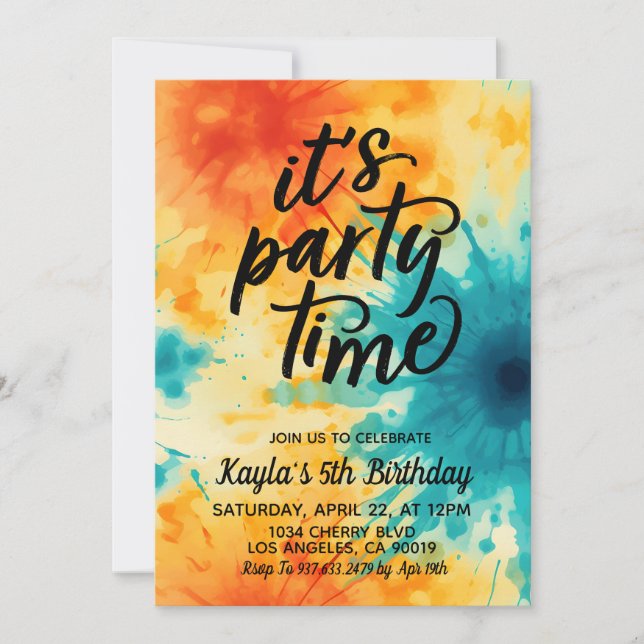 Invitation C'est l'heure de la fête Super Tie Dye Anniversair (Devant)