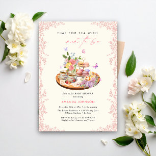 Invitation C'est l'heure du thé macarons tasses papillon baby