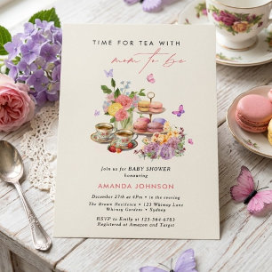 Invitation C'est l'heure du thé macarons tasses papillon baby