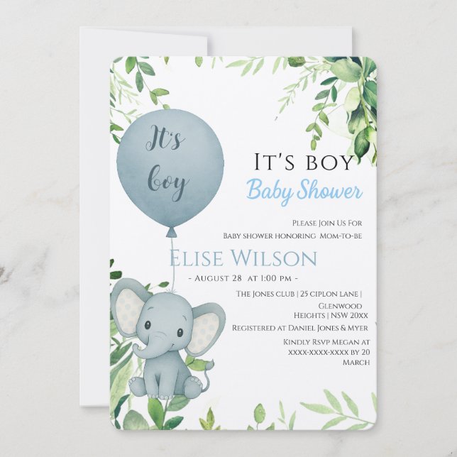 Invitation C'est mon garçon ! Petit bébé éléphant mignon avec (Devant)