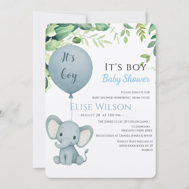 Invitation C'est mon garçon ! Petit bébé éléphant mignon avec (Devant)
