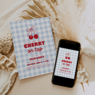 Invitation C'est notre cerise sur le dessus bleu Gingham Anni