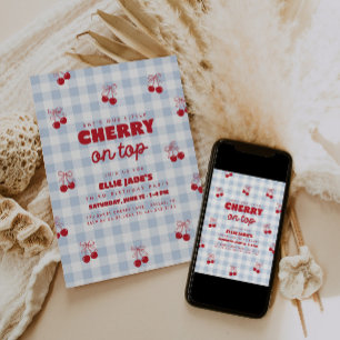 Invitation C'est notre cerise sur le dessus bleu Gingham Anni