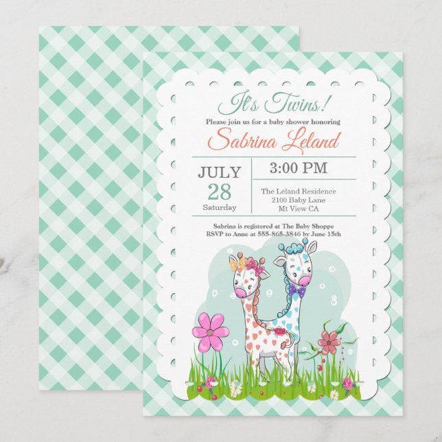 Invitation C'est Twins Adorable Giraffes Baby shower (Devant / Derrière)
