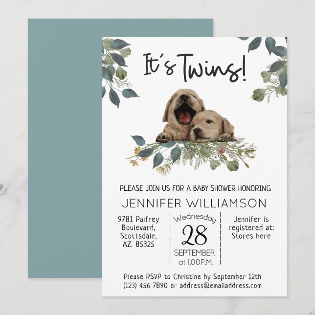 Invitation C'est Twins ! Baby shower de chien (Devant / Derrière)