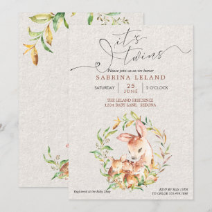 Invitation C'est Twins Baby shower Deer Fawns in Leafy Wreath