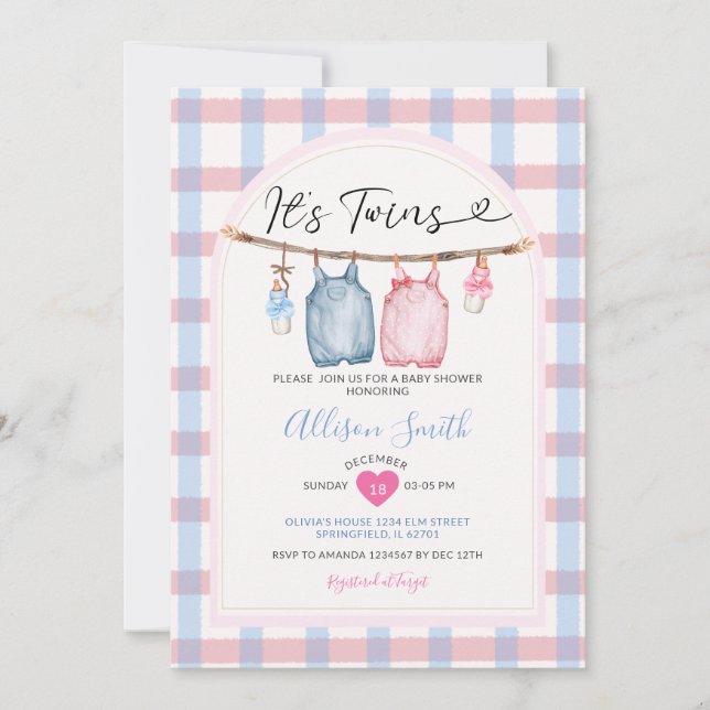 Invitation C'est Twins Bow Clothes Automne En vichy Baby show (Devant)