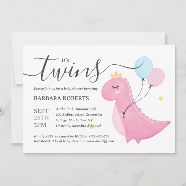 Invitation C'est Twins Boy and Girl Pink Dinosaur Baby shower (Devant)