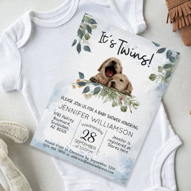 Invitation C'est Twins ! Chiens de chiot Baby shower aquarell (Twins Baby Shower Invitation. cute modern watercolor puppies.)