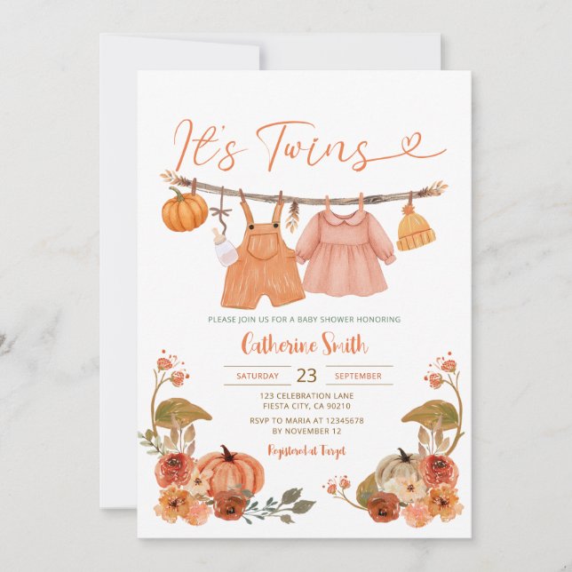 Invitation C'est Twins Citrouille Baby shower Clothesline Flo (Devant)