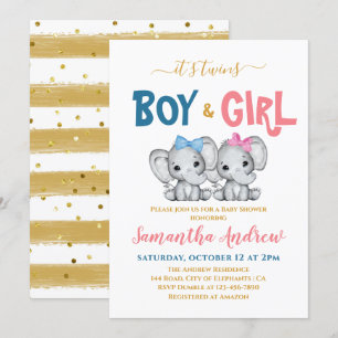 Invitation C'est Twins Cute Elephant Boy & Girl Baby shower