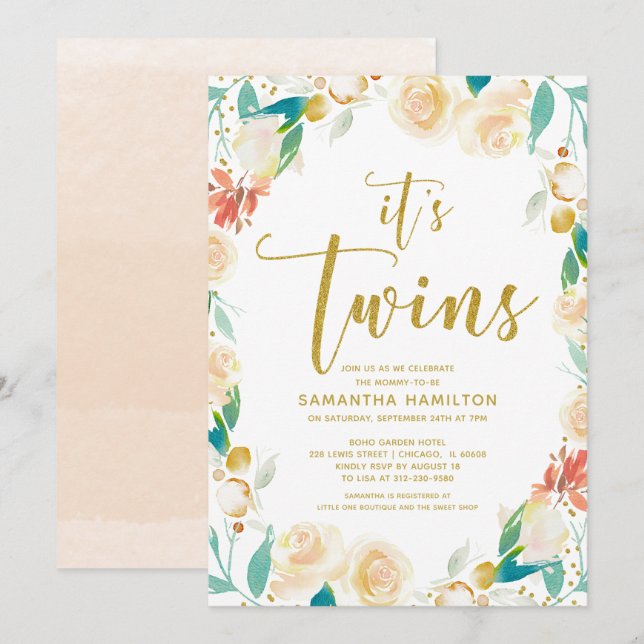 Invitation C'est Twins Peach Gold Parties scintillant Baby sh (Devant / Derrière)