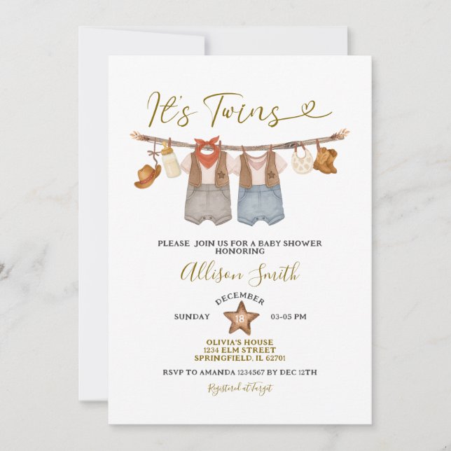 Invitation C'est Twins Western Cowboy Baby shower (Devant)