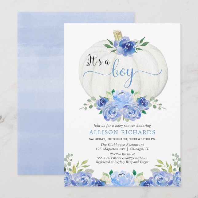 Invitation C'est un baby shower blanc citrouille bleu fleuri (Devant / Derrière)