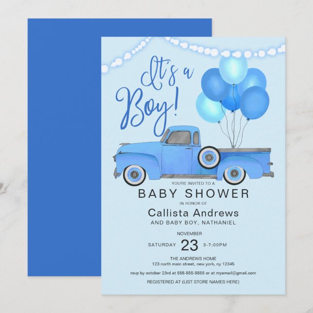 Invitation C'est un Baby shower Bleu Boy Truck Balloons Light (Devant / Derrière)