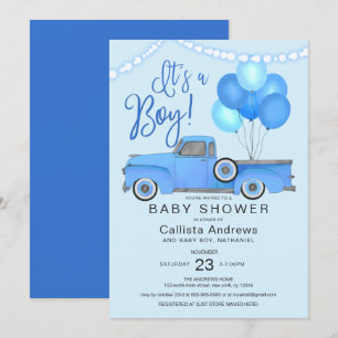 Invitation C'est un Baby shower Bleu Boy Truck Balloons Light