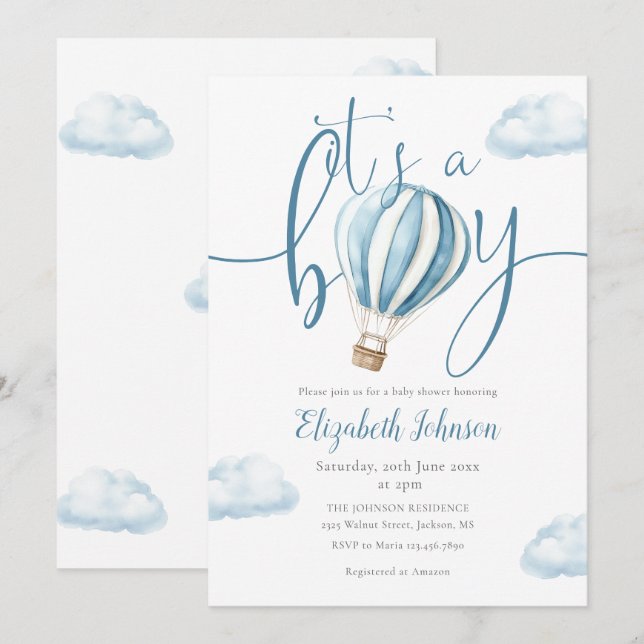 Invitation C'Est Un Baby shower Bleu Hot Air Balloon (Devant / Derrière)