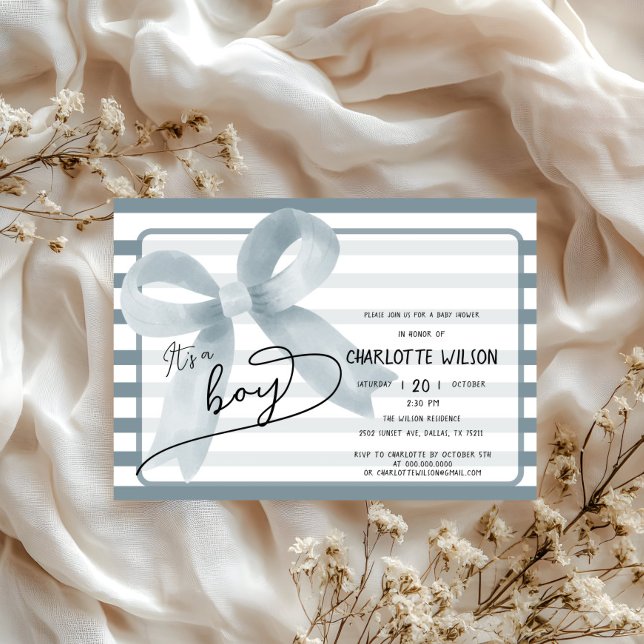 Invitation C'est un Baby shower Boy Cute Dusty Blue Bow Strip (Créateur téléchargé)