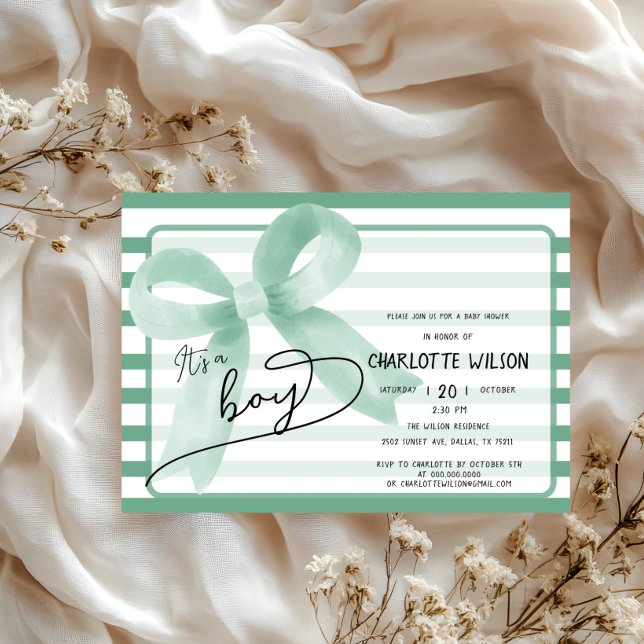 Invitation C'est un Baby shower Boy Cute Mint Bow Stripes (Créateur téléchargé)