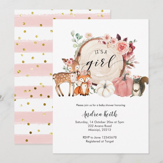 Invitation c'est un baby shower citrouille de bois fille (Devant / Derrière)