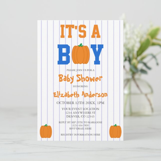 Invitation C'est un Baby shower Citrouille garçon (Debout devant)