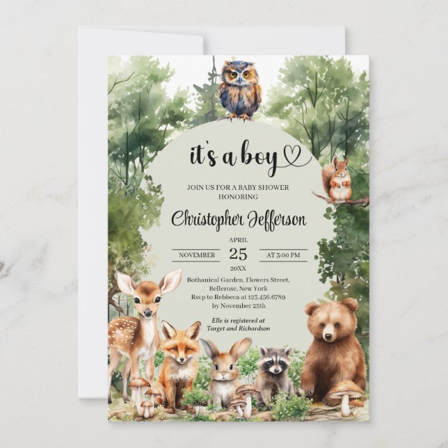 Invitation C'est un baby shower d'animaux de bois rustique (Devant)