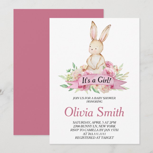 Invitation C'est un Baby shower d'aquarelle de lapin floral f (Devant / Derrière)