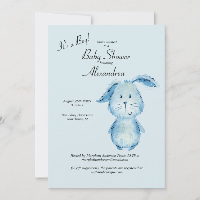 Invitation C'est un Baby shower d'aquarelle de lapin garçon (Devant)