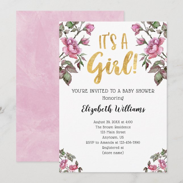 Invitation C'est un Baby shower d'aquarelle rose fille (Devant / Derrière)