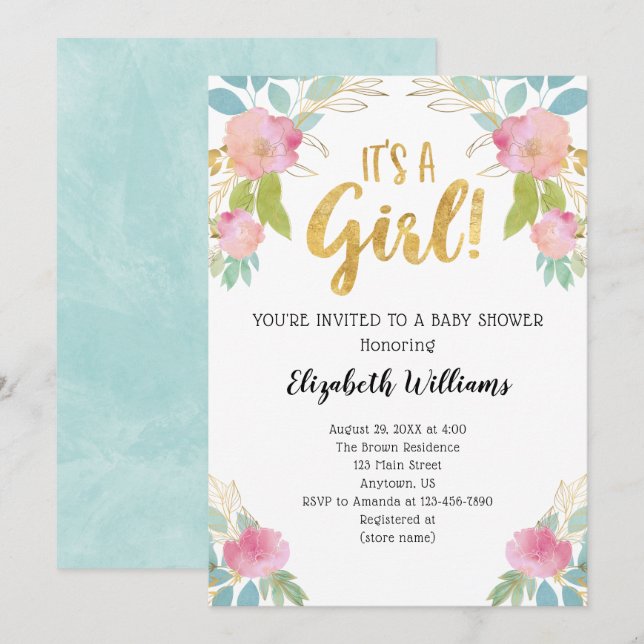 Invitation C'est un Baby shower d'aquarelle Turquoise rose Fi (Devant / Derrière)
