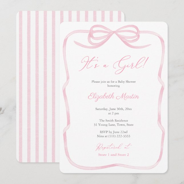 Invitation C'est un Baby shower de bow en ruban rose, une fil (Devant / Derrière)