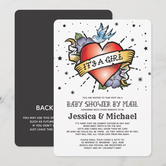 Invitation C'est un Baby shower de coeur de tatouage de fille (Devant / Derrière)