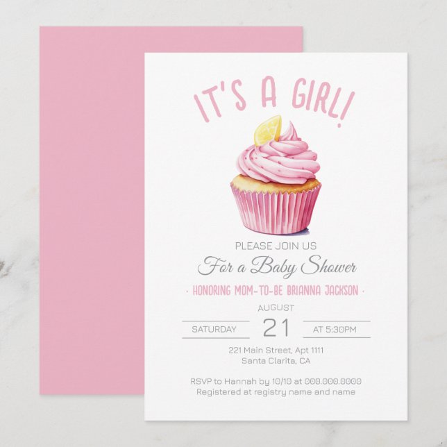 Invitation C'est un Baby shower de cupcake rose et blanc pour (Devant / Derrière)