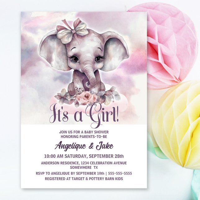 Invitation C'est un Baby shower de fille de bébé d'éléphant (Créateur téléchargé)
