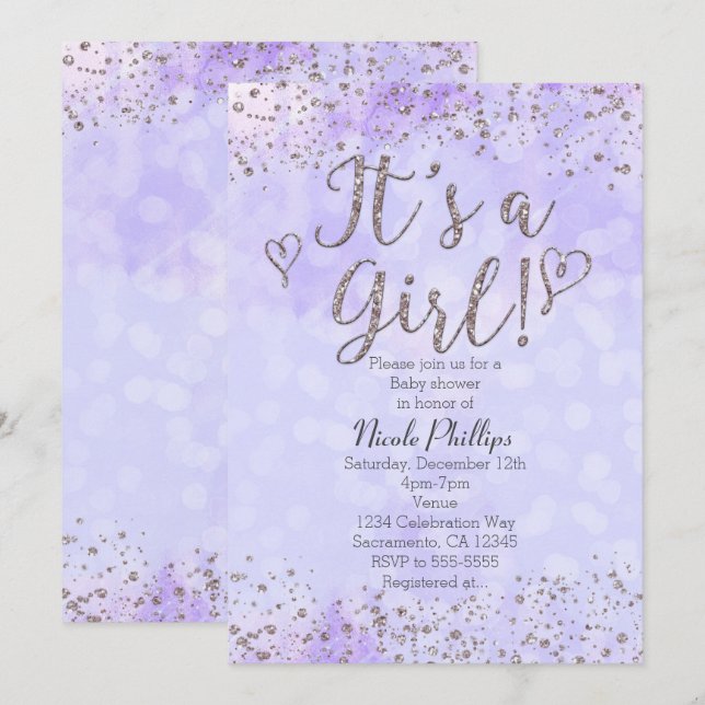 Invitation C'est un Baby shower de fille Purple & Silver Invi (Devant / Derrière)