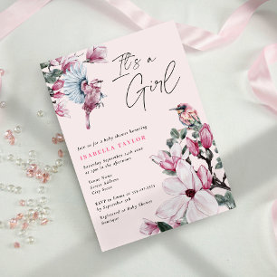 Invitation C'est un Baby shower de fleurs et d'oiseaux rose