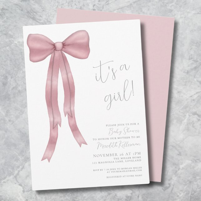 Invitation C'est un Baby shower de garçon rose (It's A Girl Pink Bow Baby Shower Invitation)
