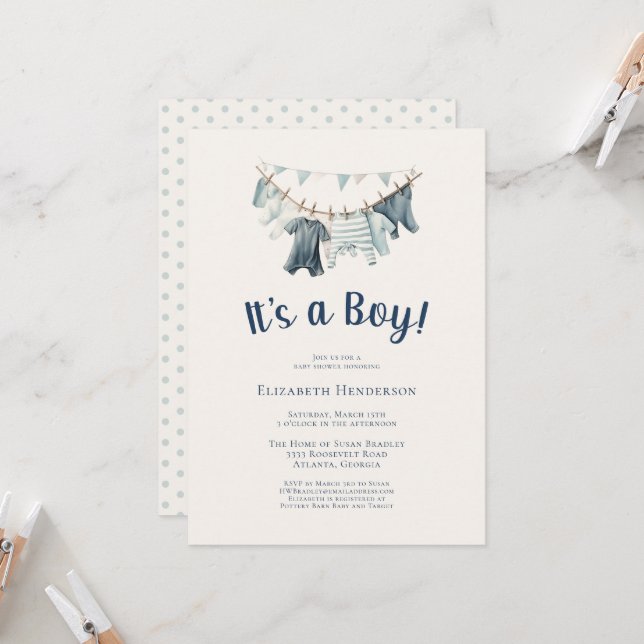 Invitation C'est un Baby shower de garde-robe bleu garçon (Devant/Arrière en situation)