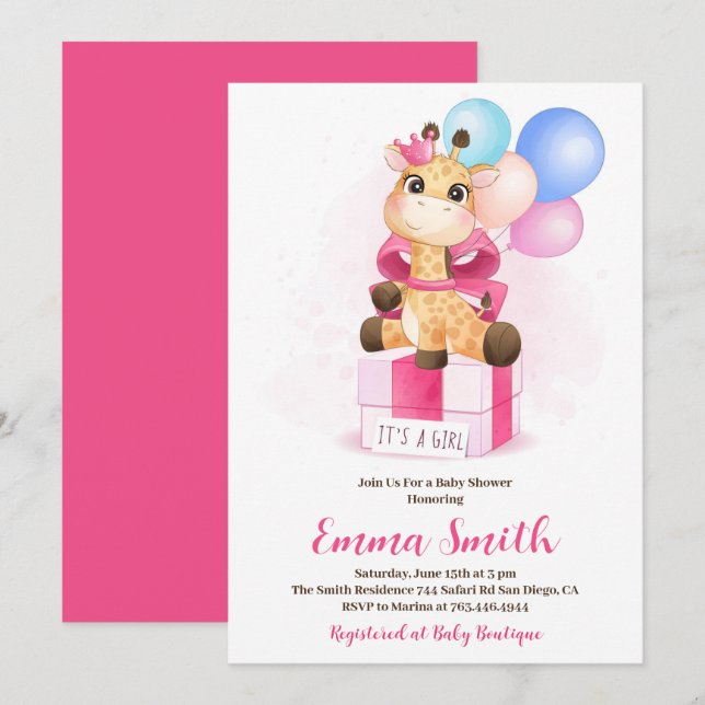 Invitation C'est un Baby shower de girafe d'aquarelle fille (Devant / Derrière)