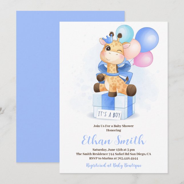 Invitation C'est un Baby shower de girafe d'aquarelle pour ga (Devant / Derrière)